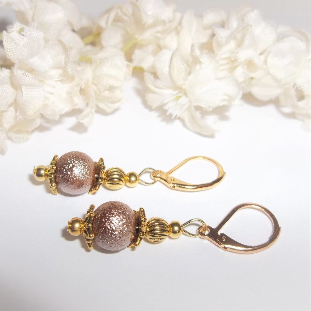 Earrings, Brown and Gold Earrings, Taupe Earrings, Dangle Earring, Earring, 7546 - Picture 4 of 8